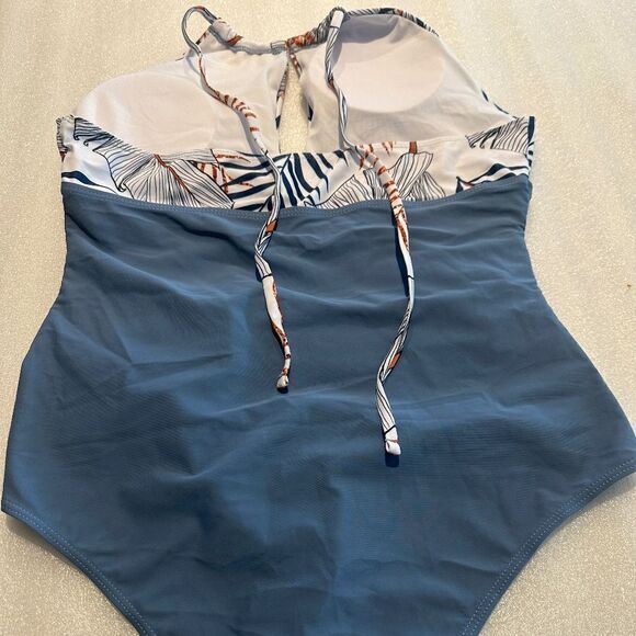 One Piece Swimsuit Halter Tie Neck Blue - Picture 2 of 4